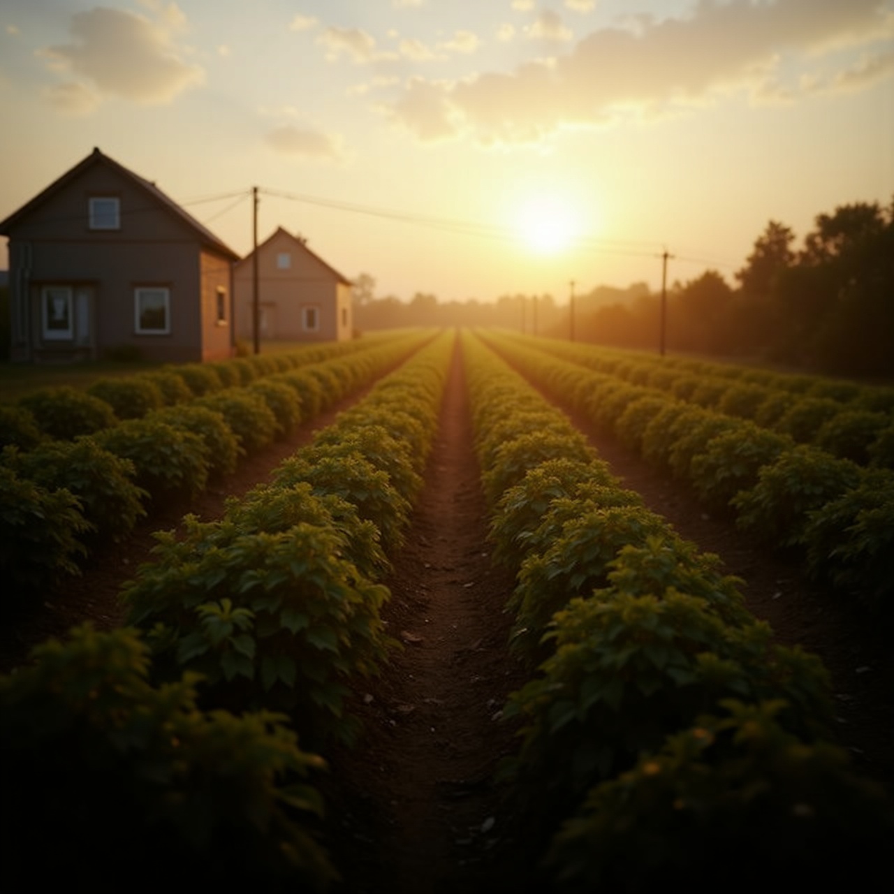 rows of crops at sunrise