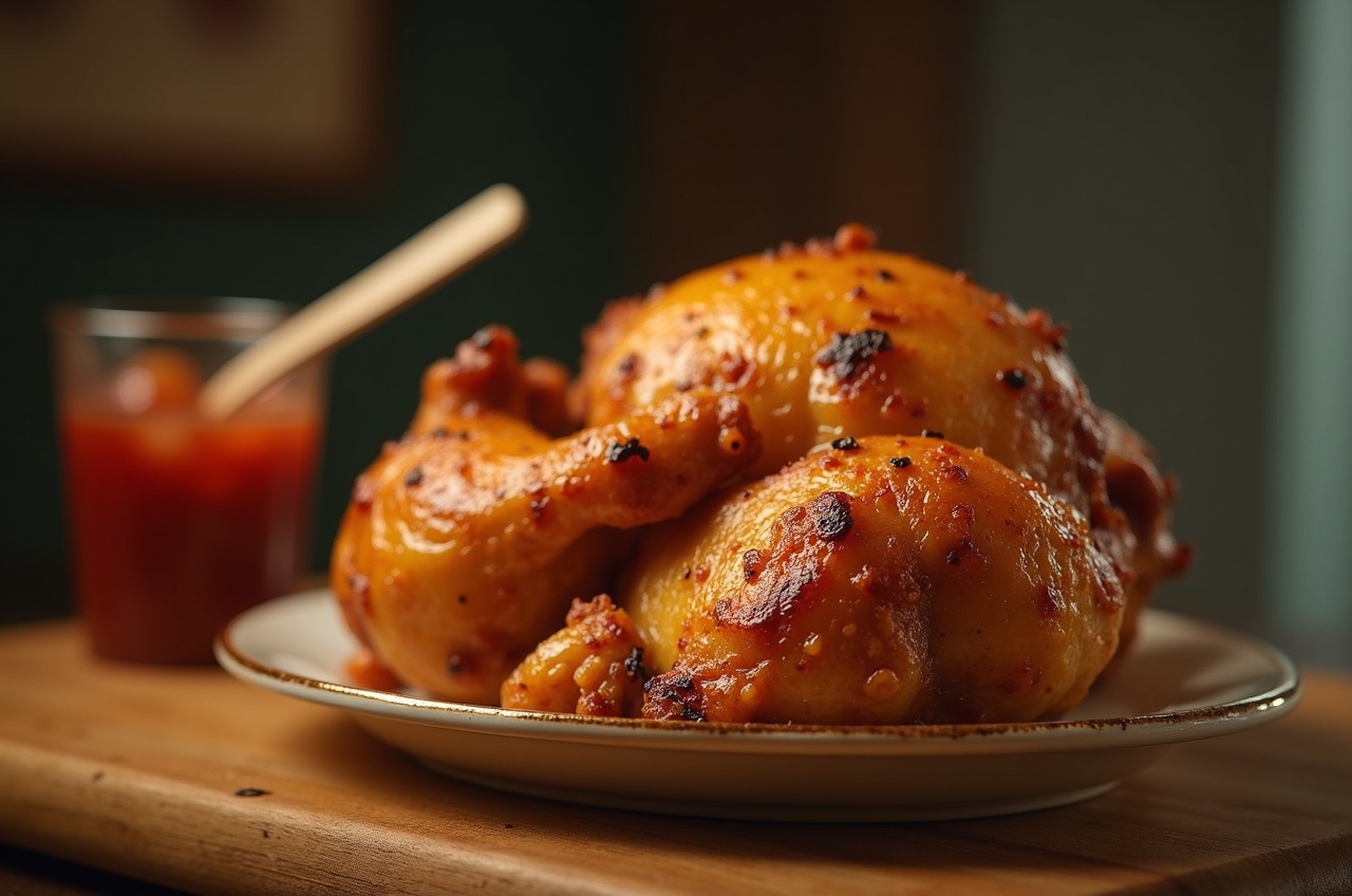 Pollo entero asado sobre tabla de madera, jugos brillando, cuchillo de trinchar al lado