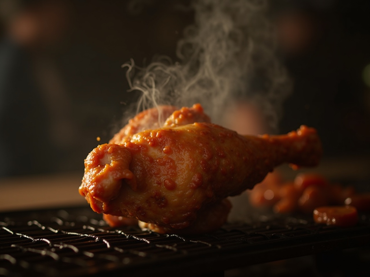 Pollo entero recién salido de la parrilla, piel dorada, sobre bandeja metálica