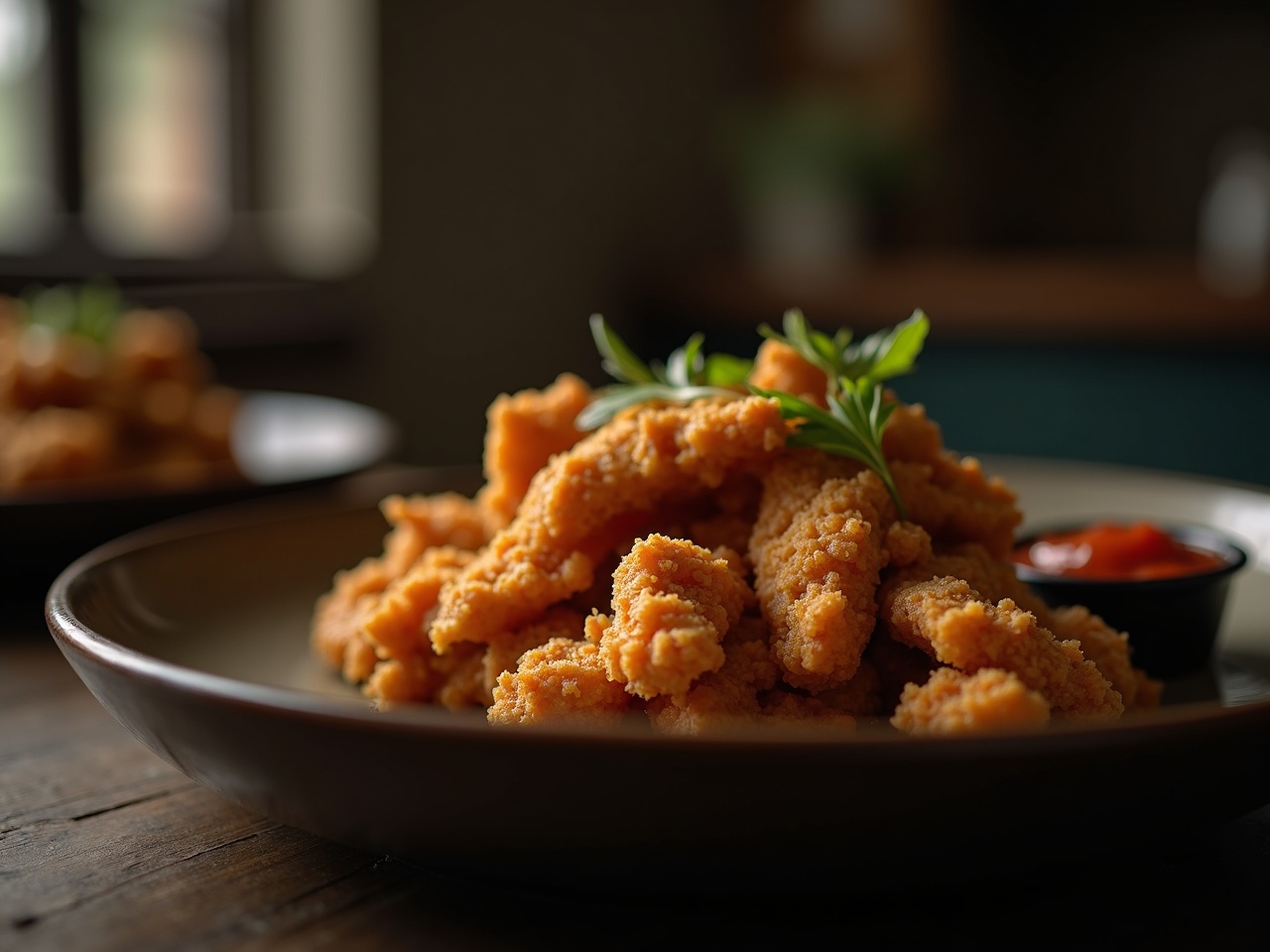 Medio pollo trinchado en plato de cerámica oscura con salsa aparte