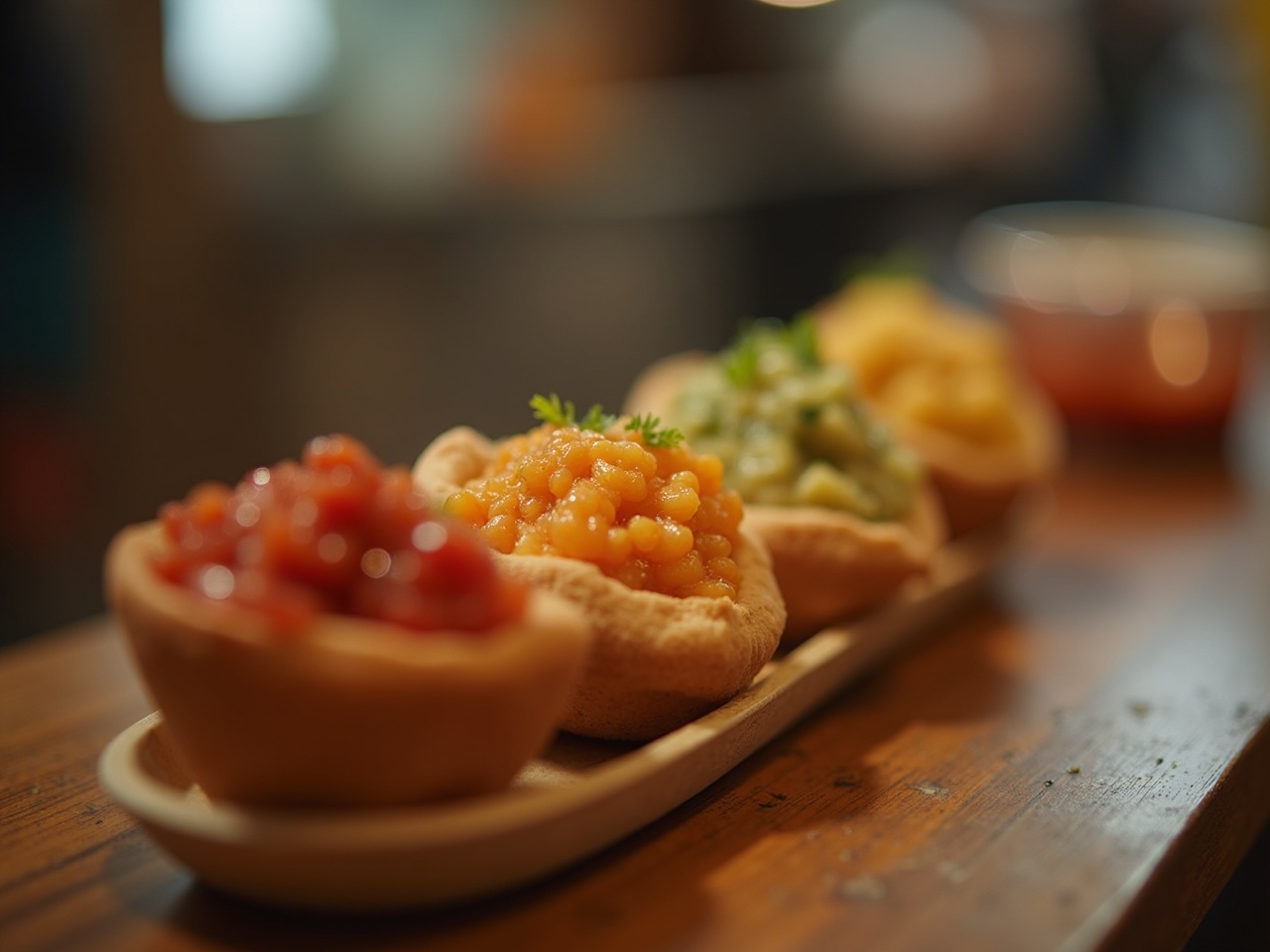 Tres cuencos pequeños con salsas de distintos colores en fila sobre tabla