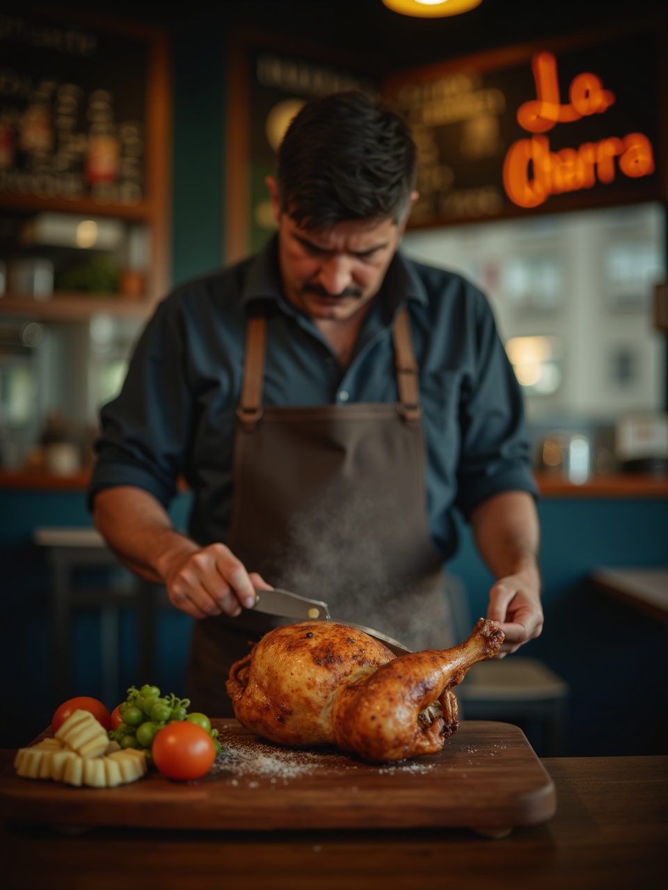 Cocinero trinchando un pollo entero sobre tabla de madera frente a la barra