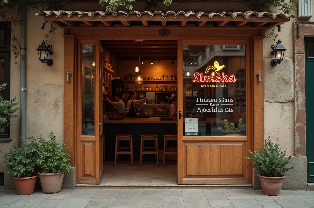 Fachada estrecha de local con puerta de madera abierta y mesas altas visibles adentro